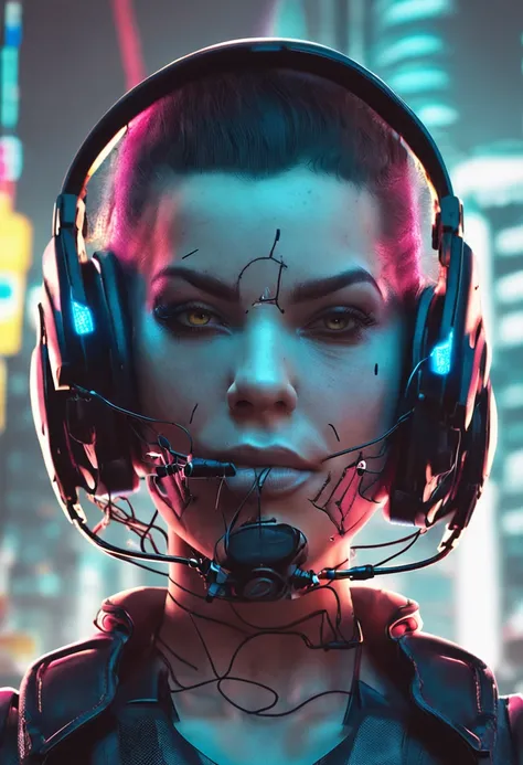 Saiyajin feminina gostosa, corpo esguio, quadris finos, seios grandes, usando armadura cyberpunk pesada completa com acabamento neon, orelhas de gato, rabo de gato, science fiction, cidade cyberpunk ao fundo, Gantz, No Estilo de Cyberpunk 2077, foto ultra ...