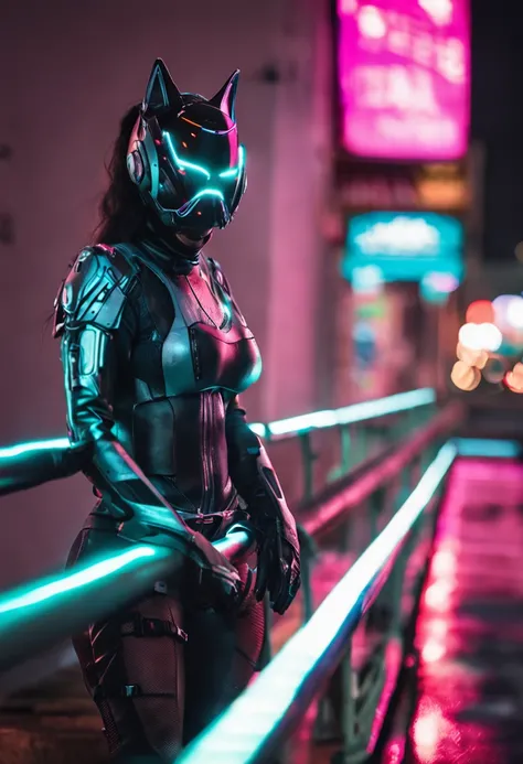 Saiyajin feminina gostosa, corpo esguio, quadris finos, seios grandes, usando armadura cyberpunk pesada completa com acabamento neon, orelhas de gato, rabo de gato, science fiction, cidade cyberpunk ao fundo, Gantz, No Estilo de Cyberpunk 2077, foto ultra ...