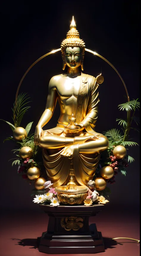 masutepiece,Best Quality,hight resolution,Fantastic,God of Japan,The upper part of the body,Seven lucky gods,benzaiten,daikokuten,Buddhist statue sculpture,Glowing background,Golden Buddha Statue,With a large rear wheel that shines in the back,sacredness