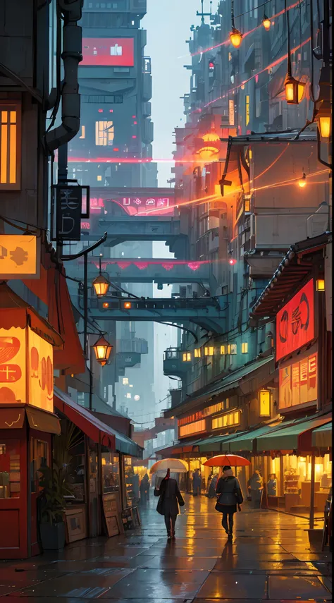 ((masterpiece)),((best quality)),((high detail)),((realistic,)) Futurist era city, architectural streets, bazaars, futuristic train lines, cyberpunk, buildings, night, European city, rainy, neon