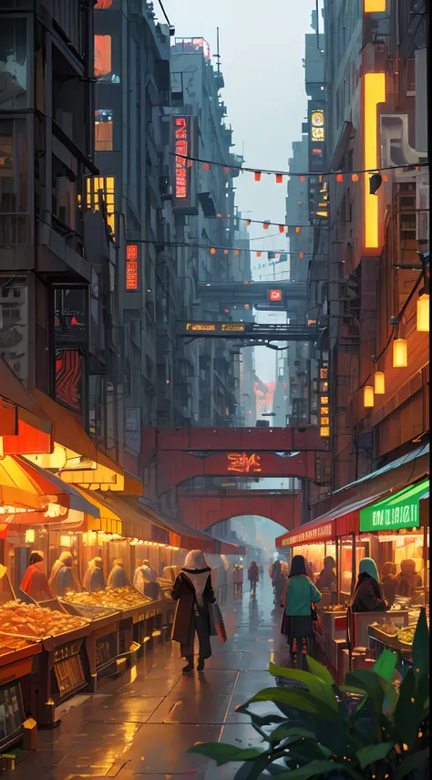 ((masterpiece)),((best quality)),((high detail)),((realistic,)) Futurist era city, architectural streets, bazaars, futuristic train lines, cyberpunk, buildings, night, European city, rainy, neon