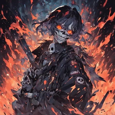 background with a penitentiary on fire, 3D, 16k, vector,  show hands, vivid color splatter, intricate details, skull police character, 01 police officer with face and skull, showing hands with blood, carrying a flag with letter "D", bac in black oil decal ...