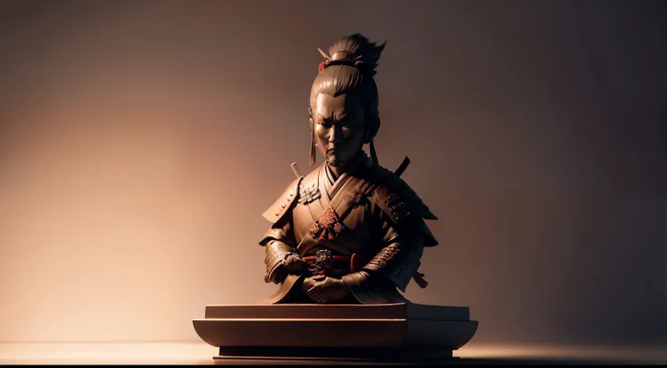 Draw a samurai statue with a closed fan.