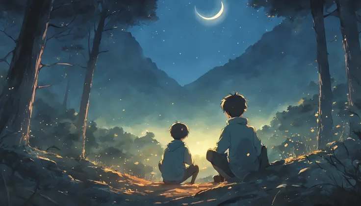 Extremely realistic picture of boys in a forest watching the moon illuminating the night