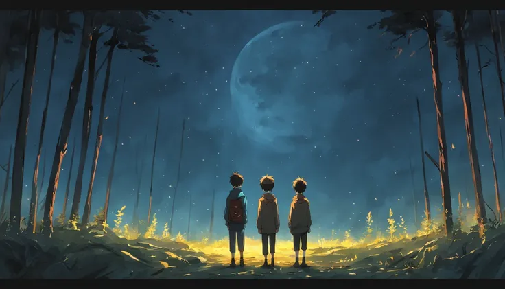 Extremely realistic picture of boys in a forest watching the moon illuminating the night