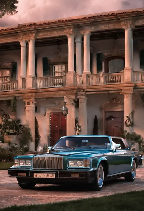 Rich man in his mansion with car in the background