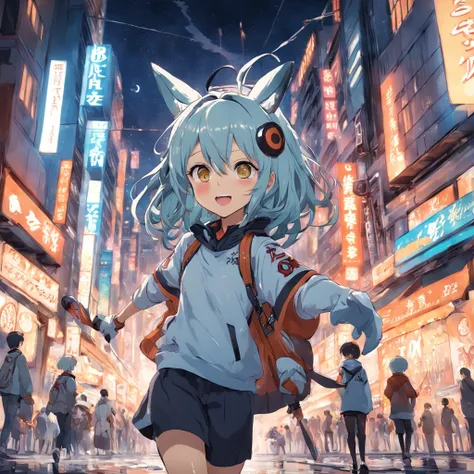 garoto de anime sorridente com roupas modernas, atravessando a rua, pele branca, bonnet, felicidade