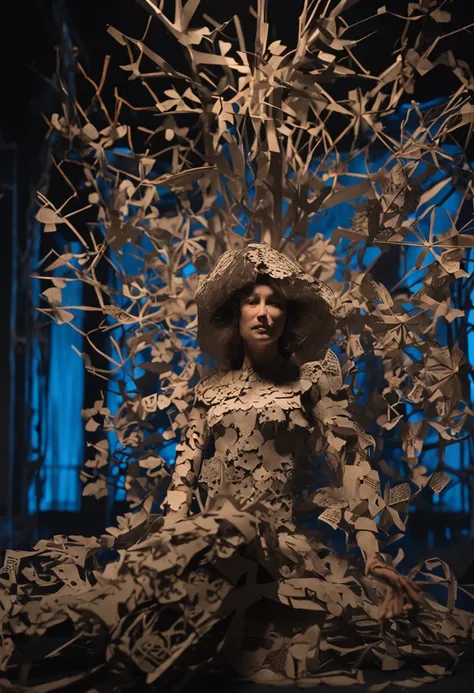 Paper Deadly nightshade woman made of paper, Mini, Huge creatures, Paper Craft Art,Cold Deep Blue, Strong, "Ballets Russes", Jan Švankmajer, 16 K, Full body display, masterpice, Volumetric lighting,Enemy characters in the game