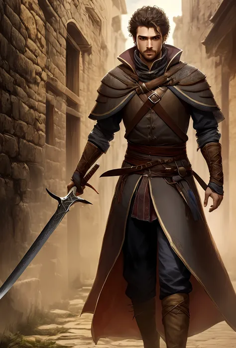 Esgrimist rpg character rogue latine man curly hair voluminous rogue smiller furtive medieval arte conceitual rpg concept carrying a thin sword