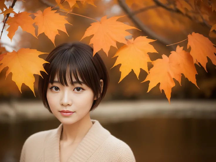 Japan woman walking in autumn leaves、Short-cut hairstyles、Beautiful autumn leaves and river、Photorealsitic、Beautiful detailed eyes、Hyper-Realism、highcontrast、Ultra HD、realistic skin textures、Top image quality、top-quality、超A high resolution、Fine details、Ver...