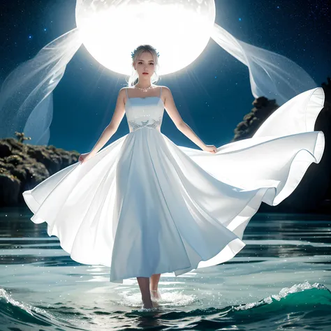 old lady in white dress standing in sea water with flowing dress, pale skinned, de colar de diamante, pearls in water, a noite, ...