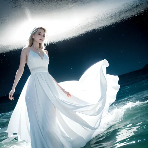 old lady in white dress standing in sea water with flowing dress, pale skinned, de colar de diamante, pearls in water, a noite, ...