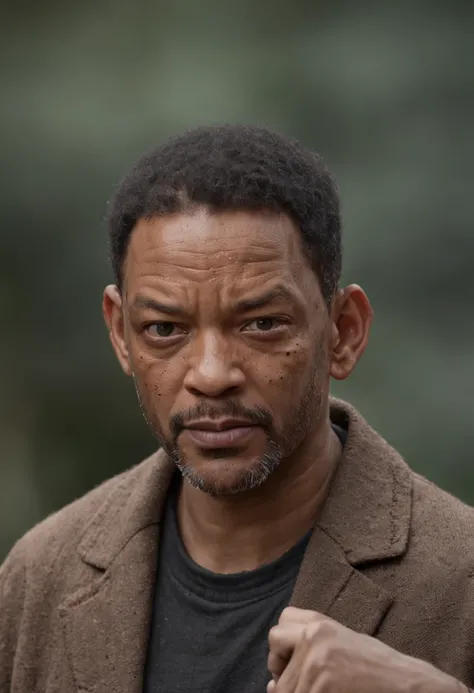 uma foto de Will Smith focada no rosto, olhos serrado, imagem real. ultra realista, 8k, mega realista, fundo escuro, angry expression, chuva, eyes full of tears, chorando, ultra real, qualidade de cinema, realidade humana