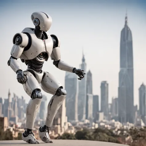 A robot in a futuristic city holding a kettlebell to the ground