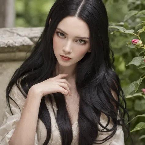 ,Bright eyes, Intricate horns, Black hair flowing, Long hair, Black silk beautiful feet,