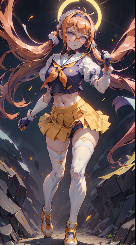 Persona, Futaba, purple eyes, glasses, long_orange_hair, (masterpiece, best quality:1.1), 1girl solo, bangs, ahoge, headband, school uniform, puffy sleeves, crop top, yellow neckerchief, blue skirt, fingerless gloves, thighs, white socks, red footwear