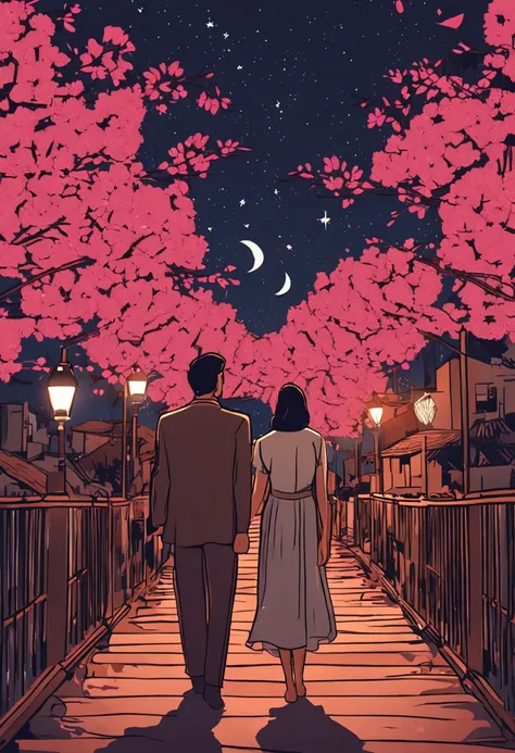 Noite de Tanabata，Um casal conversando em uma ponte。Estava cercado de flores