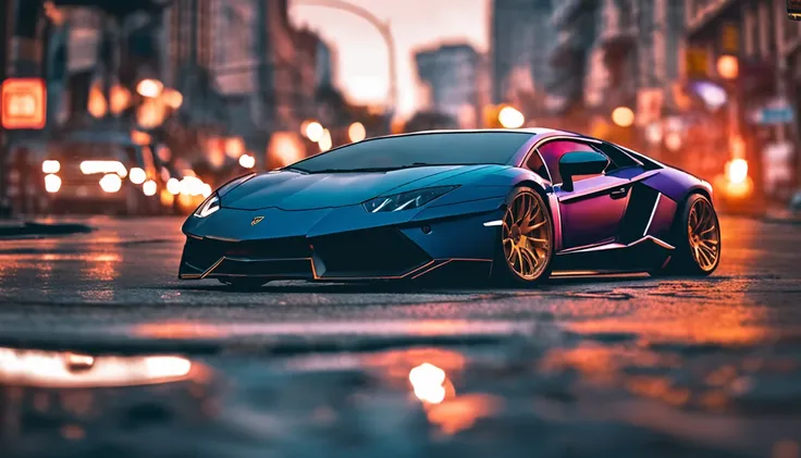 Um close up de um carro Lamborghini estacionado em uma rua da cidade, wallpaper mobile, cinematic poster, papel de parede do telefone, como matriz, cartaz motivacional,cor preta lamborghini carro,  money raining from the sky,cinematic wallpaper 4k, cinemat...