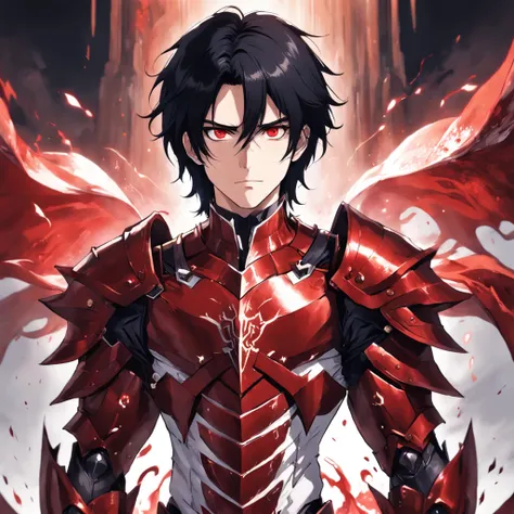 "tall, white male with black hair and intense, enchanting eyes, wearing a formidable suit of blood-red armor and imbued with powerful magic."