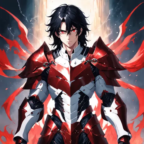 "tall, white male with black hair and intense, enchanting eyes, wearing a formidable suit of blood-red armor and imbued with powerful magic."