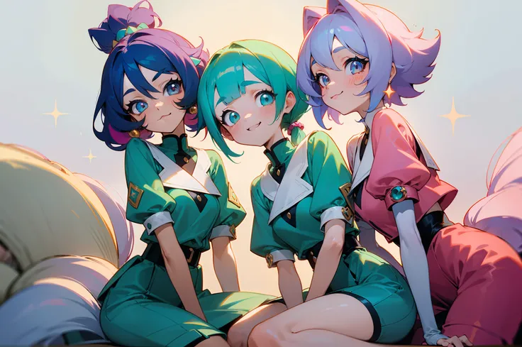 ((tmasterpiece, colourful, As detailed as possible)), Three anime friends sitting side by side and looking at the camera, A trio of friends, 2 d anime style, flat anime style, in anime style, the anime, anime stylized, (glass hair), Crystal hair, ((Glowing...