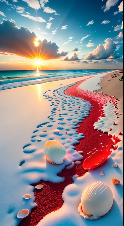 delicate scene,depth of field, 8K, The ivory sky,white clouds,and sunlight shine on the snow-white beach. The coral sea,and many colorful tinny shells on the beach,red roses, roses focus,