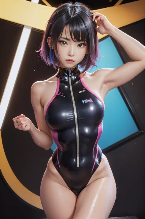 Facing the audience、(Squatting！)、dynamicposes、Legs spread、Hands behind the head、pretty 1girl, absurderes, 8K UHD, Colorful hair, bob cuts, 17 age、medium breasts, Grid Girl、(Super Shiny Colorful Enamel High Neck Competition Swimsuit with Zipper)、(Enamel hig...