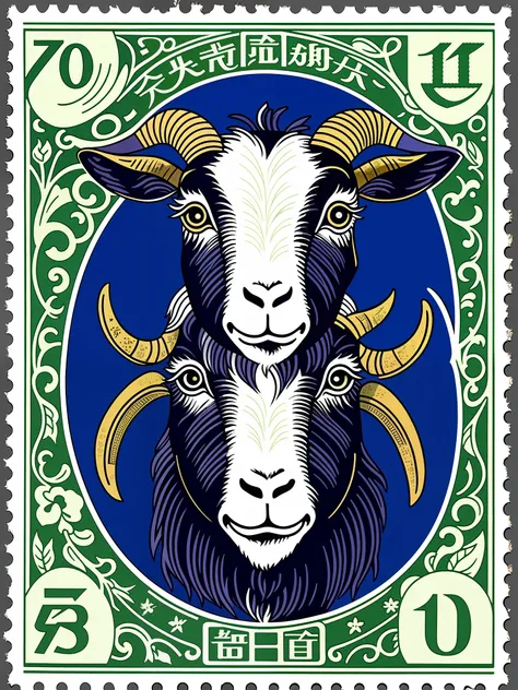 A stamp depicts a goat，Psychedelic two-dimensional style, China-style，Indigo and green, Chinese folk art