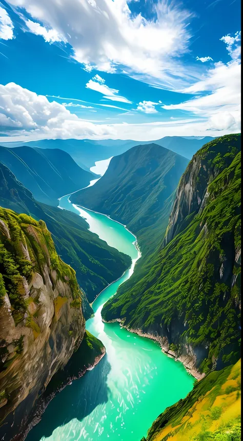 Masterpiece, ultimate quality, Cg unity 8k wallpaper, super delicate, beautiful sky and clouds, rich natural scenery, cliffs, lakes and rivers, waterfalls and flying water, beautiful green mountains, no trace of people, excellent scenery, has already won a...