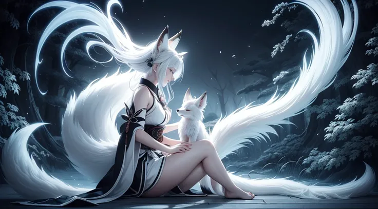 Drawing of a fox with white hair sitting on a branch, ethereal fox, nine-tailed fox, fox three-tailed fox, onmyoji detailed art, nine-tailed, beautiful artwork illustration, mythological creature, fox, beautiful Digital artwork, exquisite digital illustrat...