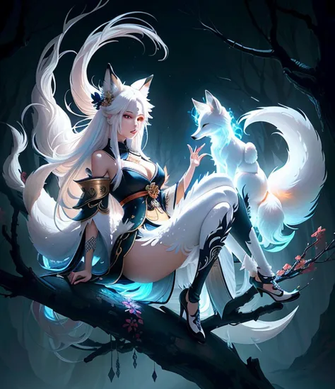 Drawing of a fox with white hair sitting on a branch, ethereal fox, nine-tailed fox, fox three-tailed fox, onmyoji detailed art, nine-tailed, beautiful artwork illustration, mythological creature, fox, beautiful Digital artwork, exquisite digital illustrat...