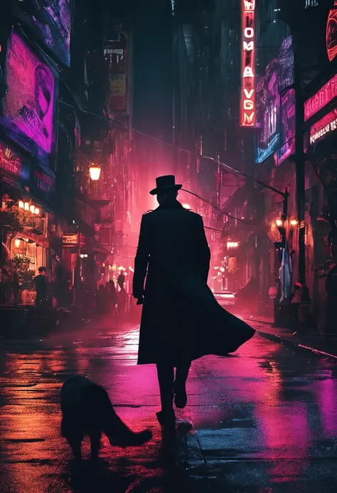 Night scene of a gothic city, with tall and dark skyscrapers. A mysterious man in an overcoat and hat walks through the streets.