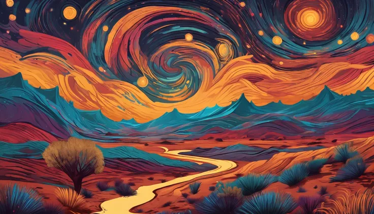 A breathtaking,Van Gogh-inspired starry night sky over a quaint,the undulating desert,vast and boundless,