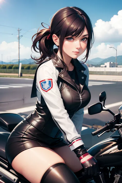 There is a woman sitting on a motorcycle,Riding a motorcycle, Happy!!!, , motor cycle,motorbiker, [ photos realistic ]!!, japanese girl school uniform,