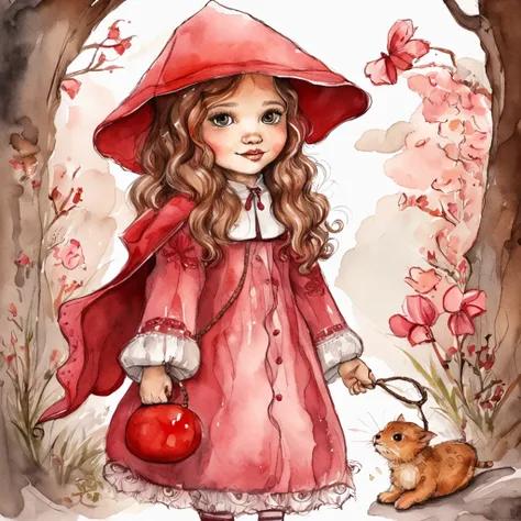 uma pintura de uma menina em um vestido rosa segurando uma lanterna, vestido com um belo manto vermelho, fairy-tale illustration style, em estilo de arte bowater, Little Red Riding Hood thief, pintura de personagem bonito, Chapeuzinho Vermelho, capuz e cap...