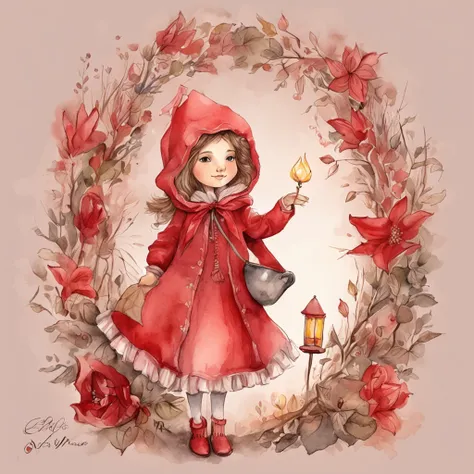 uma pintura de uma menina em um vestido rosa segurando uma lanterna, vestido com um belo manto vermelho, fairy-tale illustration style, em estilo de arte bowater, Little Red Riding Hood thief, pintura de personagem bonito, Chapeuzinho Vermelho, capuz e cap...