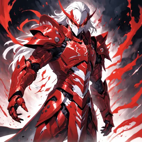 "alto, homem branco com cabelos pretos e intensos, Olhos encantadores, wearing a formidable suit of blood-red armor and imbued with powerful magic."