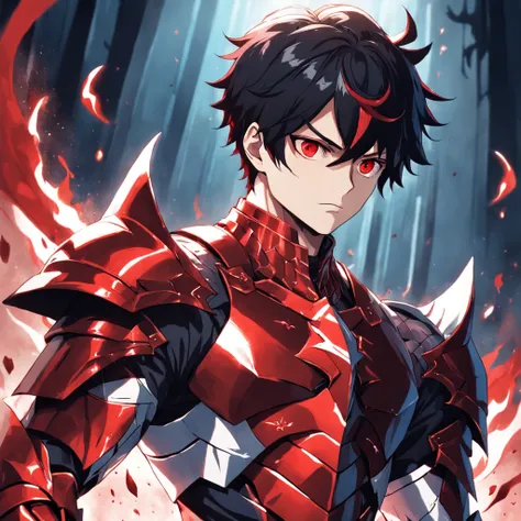 "alto, homem branco com cabelos pretos e intensos, Olhos encantadores, wearing a formidable suit of blood-red armor and imbued with powerful magic."