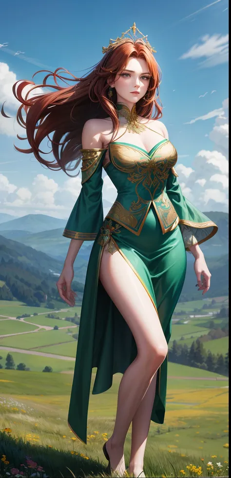 auburn hair，Slender palatial woman, Decorated with flowing emerald silk robes, Stand on top of a meadow hill，The view is majestic.