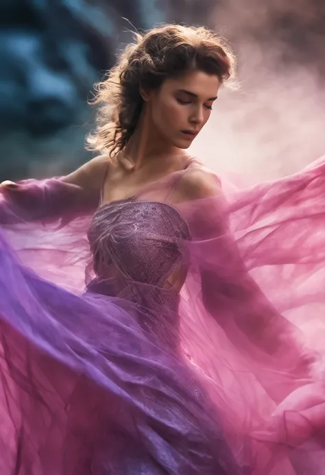 melhor qualidade， tmasterpiece， ultrahigh-resolution, Close-up of a woman in a flowing blue-pink gauze dress, close-up por todo o corpo, sexy para, ombros cortados, menina adolescente bonita, uma bela imperatriz fantasia, ethereal beauty, linda donzela fan...