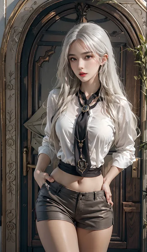 Photorealistic, high resolution, 1womanl, Solo, Hips up, view the viewer, (Detailed face), White hair, Long hair, jewelry, Elegant necklace, elegant diamond earrings, Secretary uniform, White shirt, Black skirt，Womens tights, Shorts, Camel toes