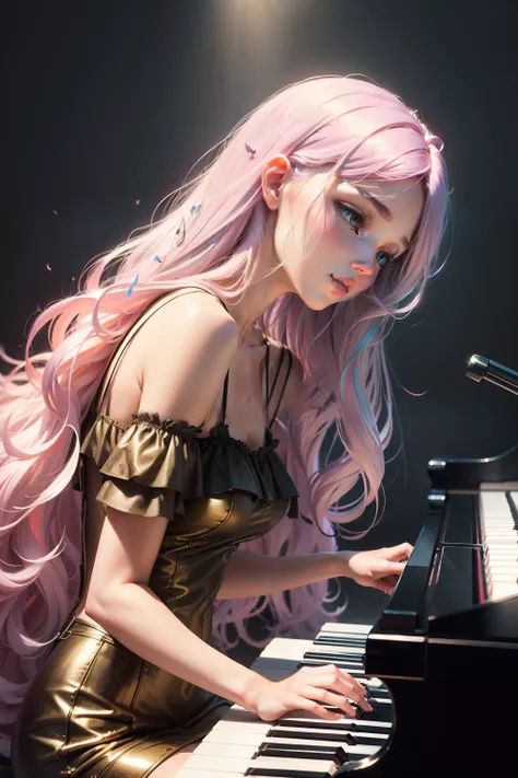 piano　Playing the piano keys　Press a key　girl with　Hair long　Lashes　colourfull　Active　pop music　Music　Artistically　art by　colourfull　natural soft light　Steinway　sounds