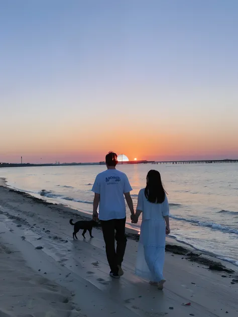 They walk on the beach with their dogs at sunset, With sunset, on the beach during sunset, with a sunset, late sunset, at a beautiful sunset, couple walking hand in hand, it is sunset, at beach at sunset, at the beach on a sunset, On the beach at sunset, l...