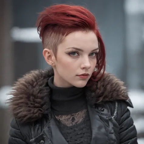 highly detailed photo realistic,Postpunk girl, Mohawk haircut, stockings, combat boots , Winter Snow, red Mohawk hair, 85mm Bokeh, black and black colors, fitness, strong