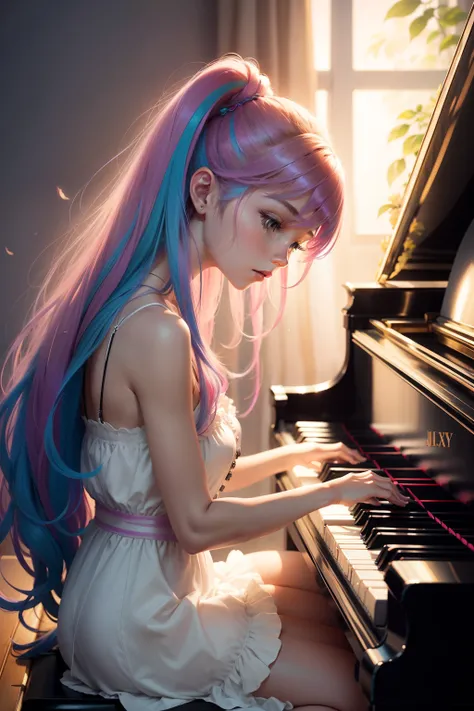 piano　Playing the piano keys　Hit the key　girl with　Hair long　Lashes　colourfull　Active　pop music　Music　Artistically　art by　colourfull　natural soft light　Steinway