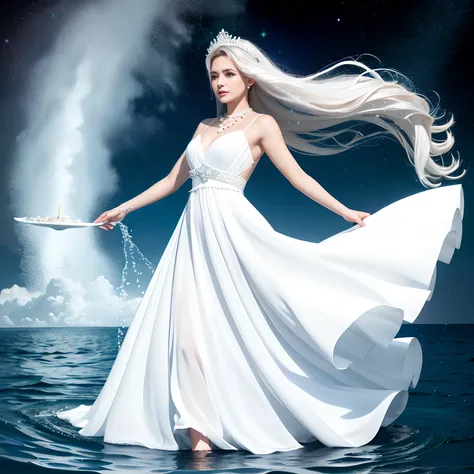 old lady in white dress standing in sea water with flowing dress, pale skinned, de colar de diamante, pearls in water, a noite, ...