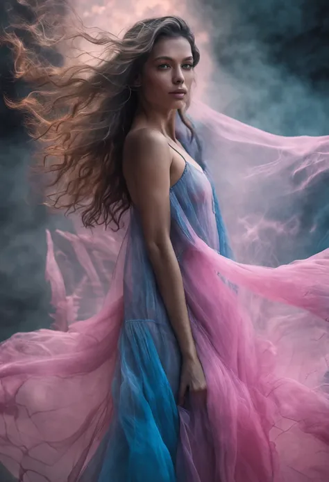 melhor qualidade， tmasterpiece， ultrahigh-resolution, Close-up of a woman in a flowing blue-pink gauze dress, close-up por todo o corpo, sexy para, ombros cortados, menina adolescente bonita, uma bela imperatriz fantasia, ethereal beauty, linda donzela fan...