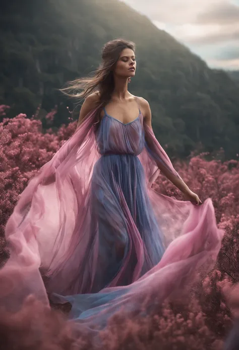 melhor qualidade， tmasterpiece， ultrahigh-resolution, Close-up of a woman in a flowing blue-pink gauze dress, close-up por todo o corpo, sexy para, ombros cortados, menina adolescente bonita, uma bela imperatriz fantasia, ethereal beauty, linda donzela fan...