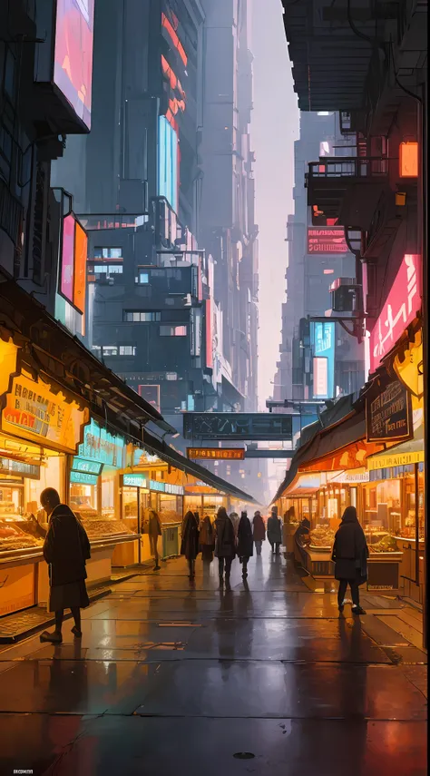 ((masterpiece)),((best quality)),((high detail)),((realistic,)) Futurist era city, architectural streets, bazaars, futuristic train lines, cyberpunk, buildings, night, European city, rainy, neon