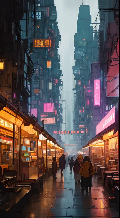 ((masterpiece)),((best quality)),((high detail)),((realistic,)) Futurist era city, architectural streets, bazaars, futuristic train lines, cyberpunk, buildings, night, European city, rainy, neon